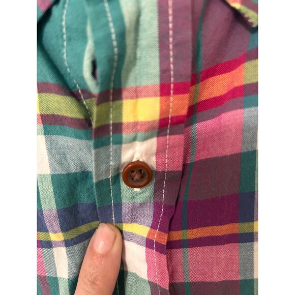 Lands’ End Madras Plaid Short Sleeve Button Shirt XL 17-17.5 100 Cotton Classic - Picture 6 of 9